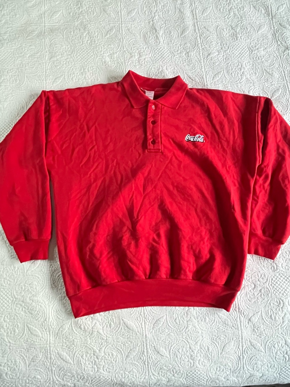 Vintage Coca Cola Embroidered Long-Sleeve Quarter Button Polo Sweatshirt - 80’s